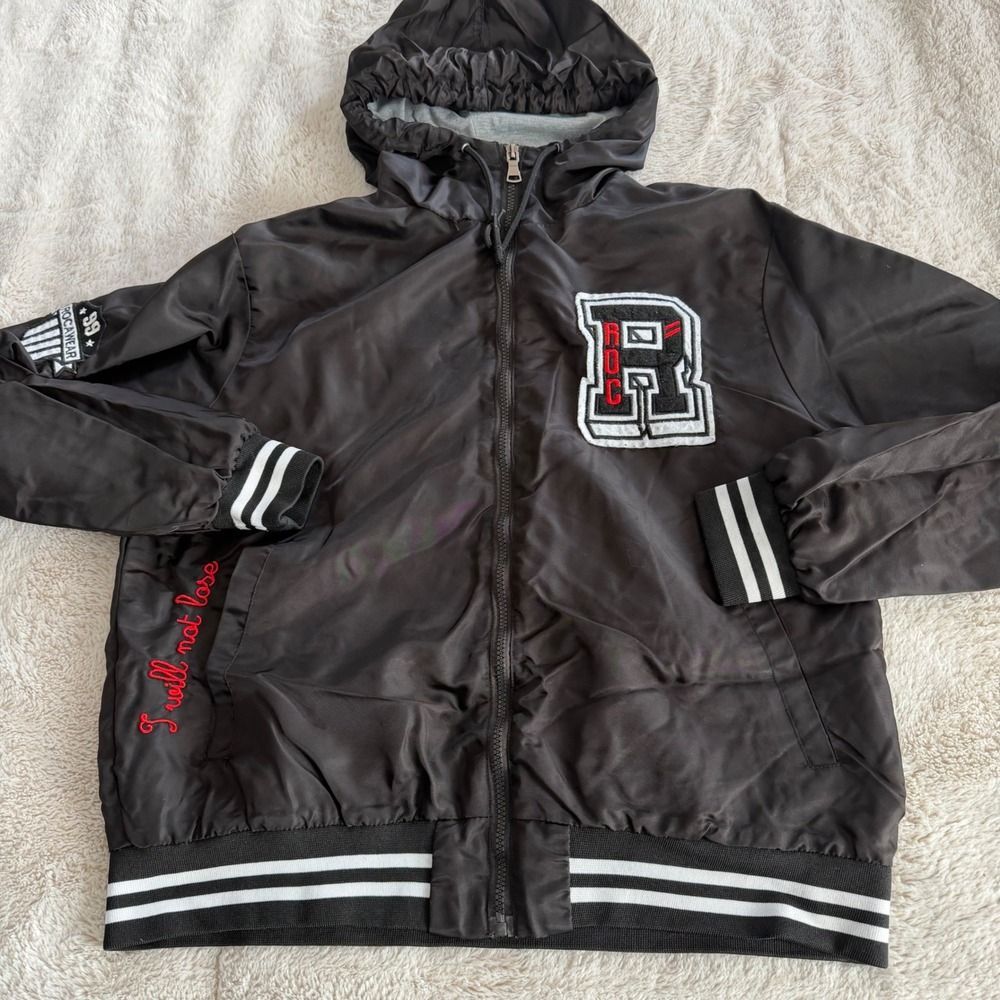 Rocawear Mens‎ Black Nylon Hooded Bomber Jacket Varsity Size Large Y2K